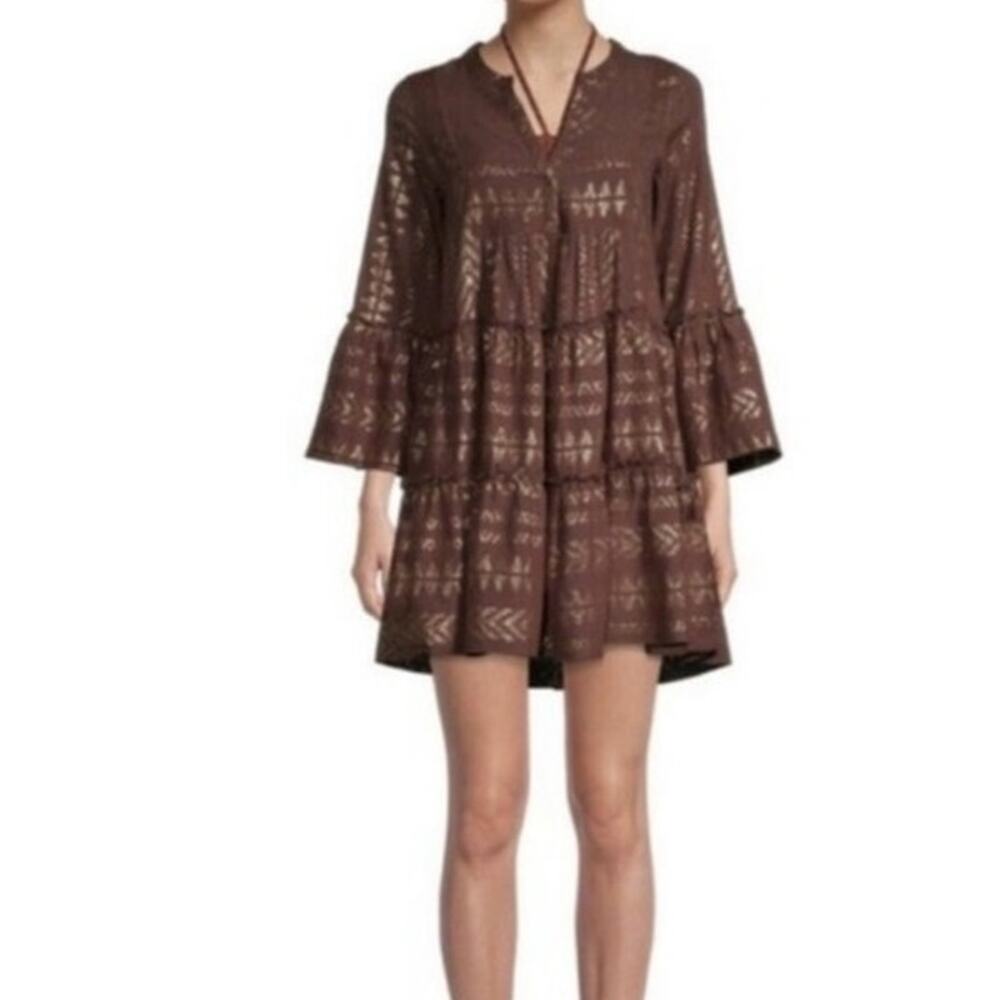 Elan Clara Brown Gold Metallic Tiered Ruffle Mini Dress Size M Boho Chic